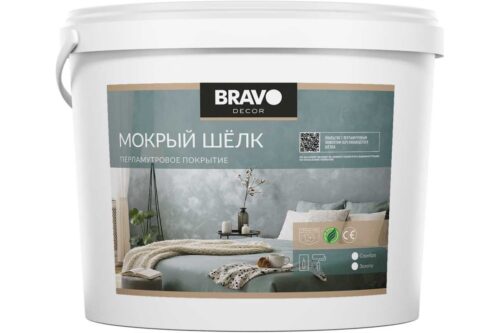 Штукатурка BRAVO DECOR "Мокрый шелк" золото изящное, декоративное покрытие с перламутровым эффектом переливающегося шелка, наносится кистью, валиком, кельмой в 2 слоя, 1 кг 18313