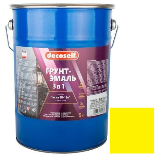 Грунт-эмаль Pufas Decoself 3 в 1 глянцевая жёлтая 5 кг