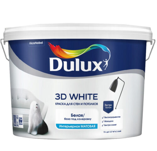Краска для стен и потолков водно-дисперсионная Dulux 3D White матовая 9 л